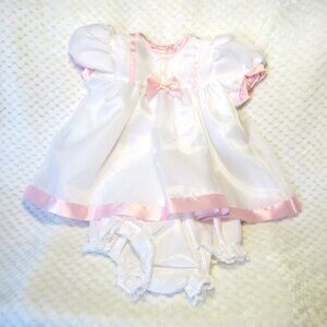 Baby Girl White Tulle lined dress with pink satin trim detail & bloomers 6/9 MOS